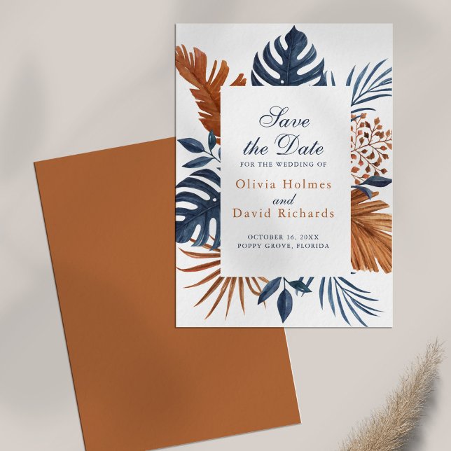 Midnight Blue Monstera Save the Date Card (Midnight Blue Monstera Save the Date Card on white table.
)