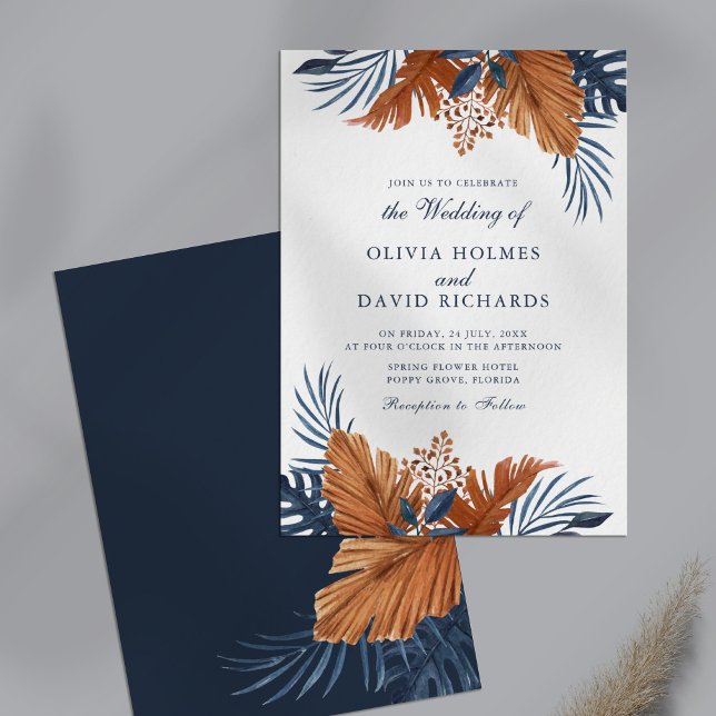 Midnight Blue Monstera Wedding Invitation (Midnight Blue Monstera Wedding Invitation on a table.)