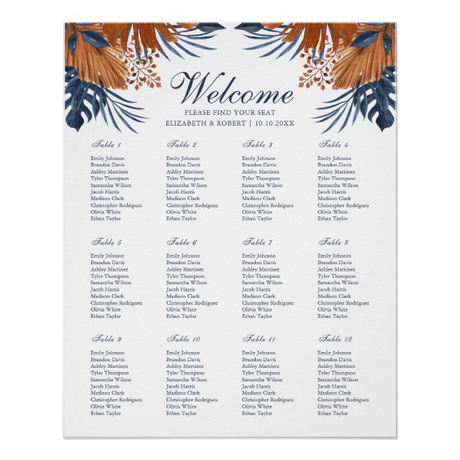 Midnight Blue Monstera Wedding Seating Chart (Front)