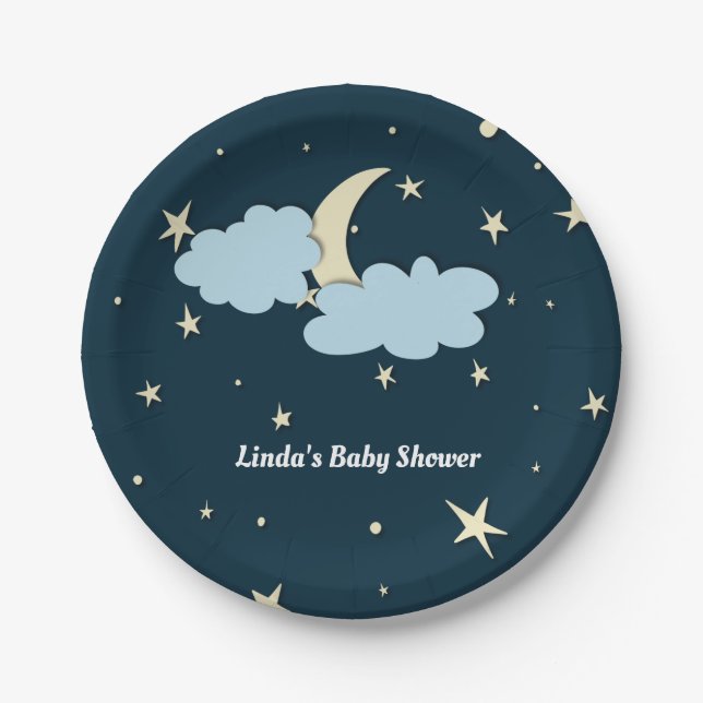 Midnight Blue Moon & Stars Elegant Baby Shower Paper Plate (Front)