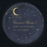 Midnight Blue Moon Stars Quinceanera Paper Plate<br><div class="desc">Our "Celestial Midnight Quinceañera" collection features a beautiful crescent moon with gold stars  in various designs on a velvet midnight blue background paired with elegant fonts. Check our store for more items from this collection.</div>