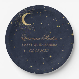 Midnight Blue Moon Stars Quinceanera Paper Plate