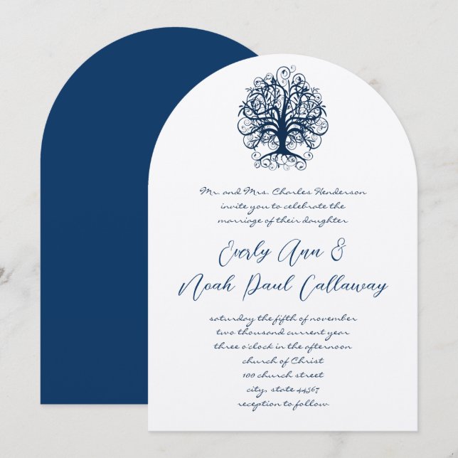 Midnight Blue Opulence Swirl Tree Wedding  Invitation (Front/Back)