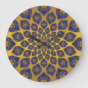 Midnight Blue oriental tiles on gold background Large Clock