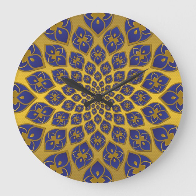 Midnight Blue oriental tiles on gold background Large Clock (Front)