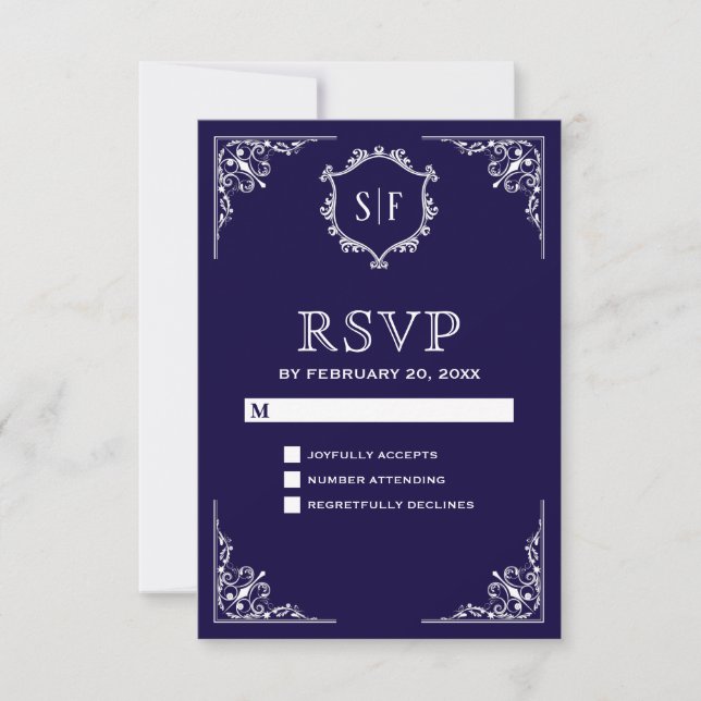 Midnight Blue Ornate Monogram RSVP (Front)