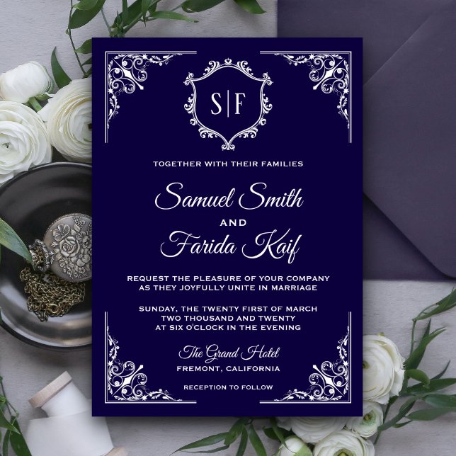 Midnight Blue Ornate Monogram Wedding Invitation (Creator Uploaded)
