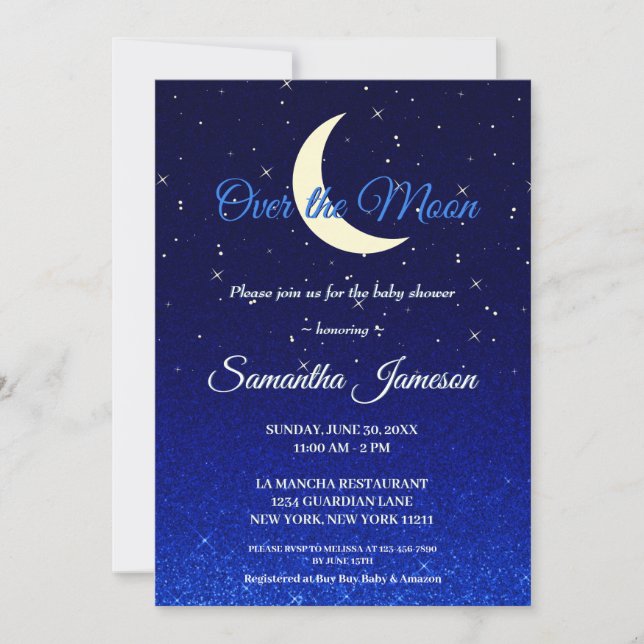 Midnight Blue Over the Moon Baby Shower Invitation (Front)