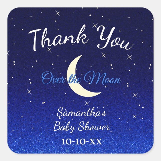 Midnight Blue Over the Moon Baby Shower Thank You Square Sticker (Front)