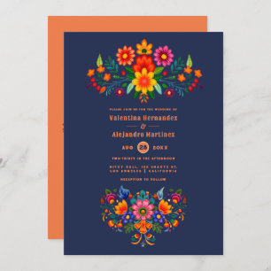 Midnight Blue & Papaya Folk Art Fiesta Wedding Invitation