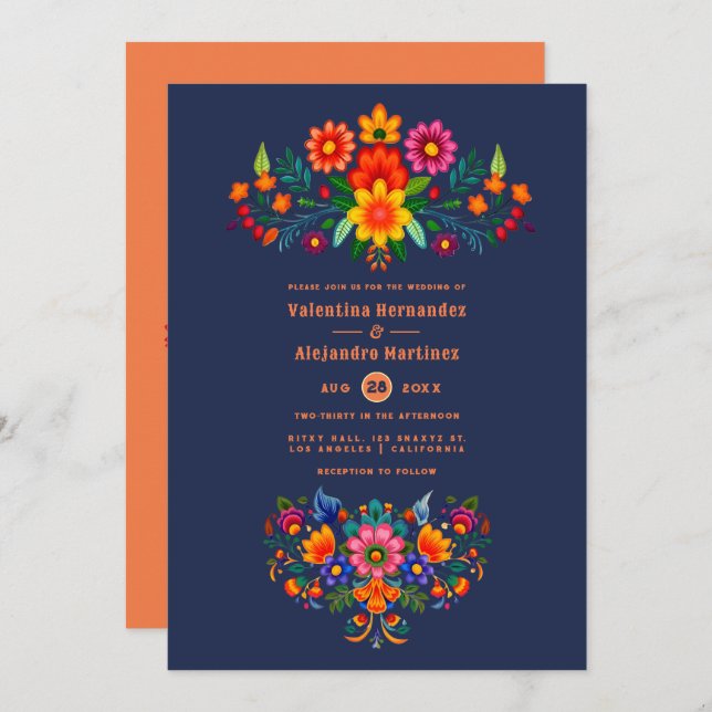 Midnight Blue & Papaya Folk Art Fiesta Wedding Invitation (Front/Back)
