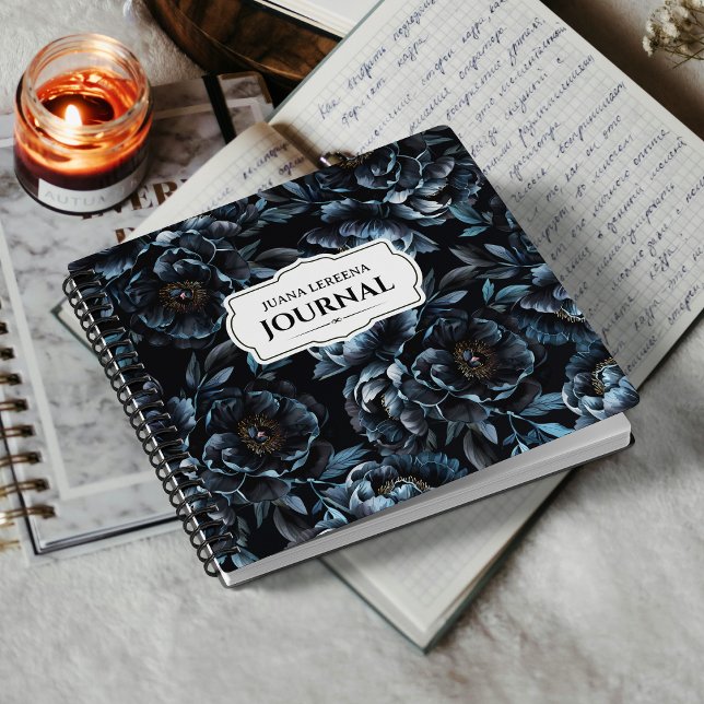 Midnight Blue Peonies Vintage Label Notebook (Dusky peonies bloom across stormy gray, this vintage notebook invites your thoughts to unfold.)
