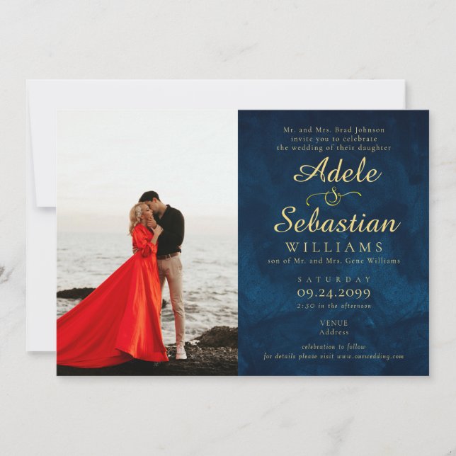 Midnight Blue Photo Modern Monogram Formal Wedding Invitation (Front)