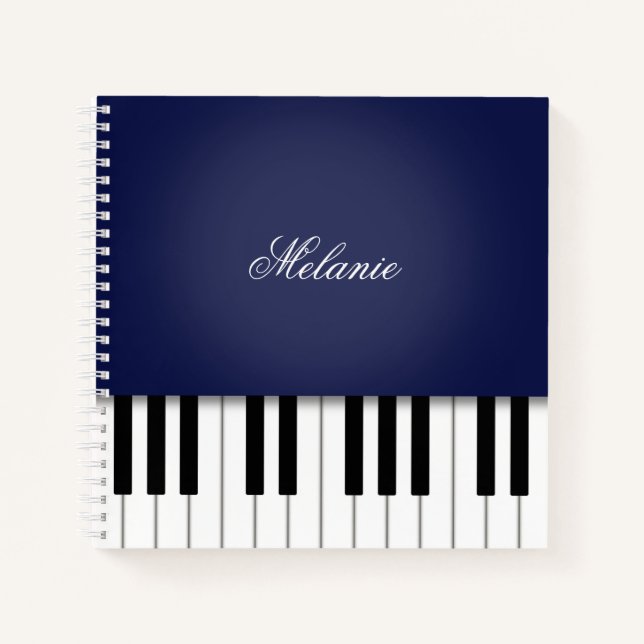 Midnight Blue Piano Music Keyboard Personalised Notebook (Front)