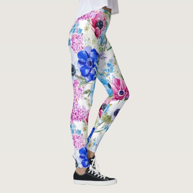 Midnight blue purple watercolor flowers pattern leggings (Right)