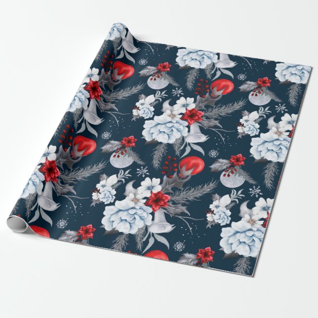 Midnight Blue Red Silver Grey Foliage Holiday Wrapping Paper (Unrolled)