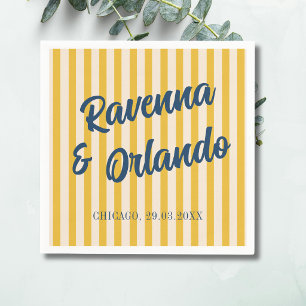 Midnight Blue Retro Muted Peach Stripe Wedding Napkin