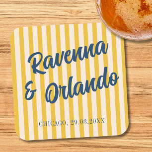 Midnight Blue Retro Muted Peach Stripe Wedding Square Paper Coaster