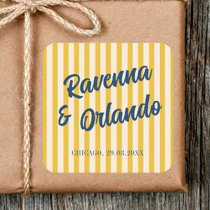 Midnight Blue Retro Muted Peach Stripe Wedding Square Sticker