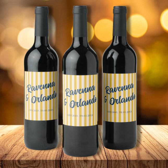 Midnight Blue Retro Muted Peach Stripe Wedding Wine Label (Creator Uploaded)