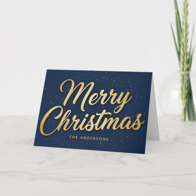 Midnight Blue Retro Script Merry Christmas Holiday Card (Front)