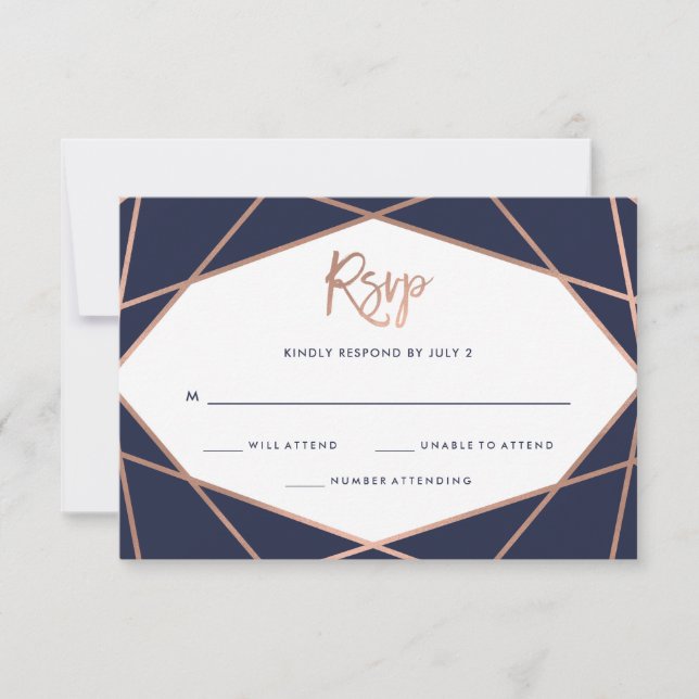 Midnight Blue Rose Gold Geometric Bat Mitzvah RSVP (Front)