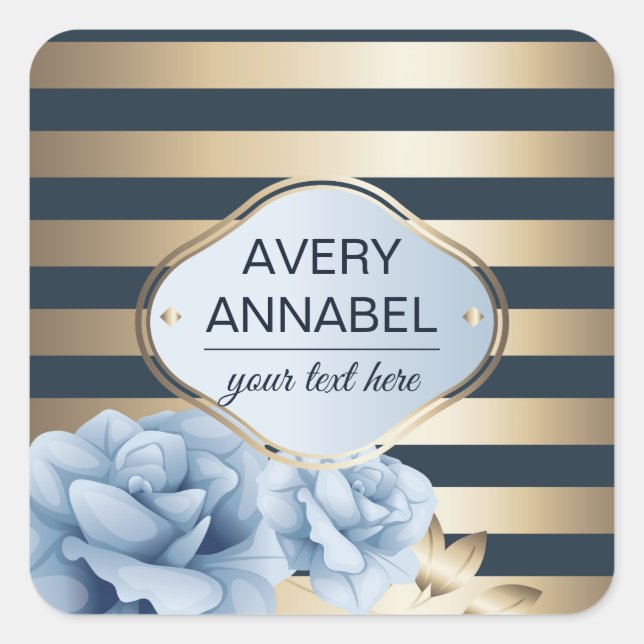 Midnight blue roses gold stripe square sticker (Front)