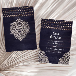 Midnight Blue Rustic String Light Save the Date Invitation
