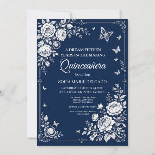 Midnight Blue Silver Butterfly Floral Quinceañera Invitation