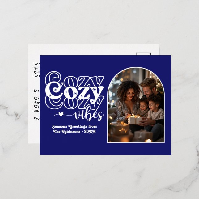 Midnight Blue & Silver Cosy Vibes Retro Christmas Foil Holiday Postcard (Front/Back)
