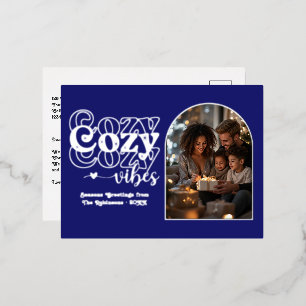 Midnight Blue & Silver Cozy Vibes Retro Christmas Foil Holiday Postcard