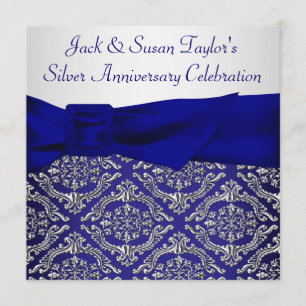 Midnight Blue Silver Damask 25th Anniversary Party Invitation