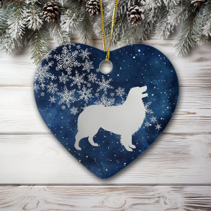Midnight Blue Silver Snowflake Australian Shepherd Ceramic Tree Decoration