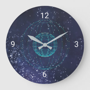Midnight Blue Sky And Globe Large Clock
