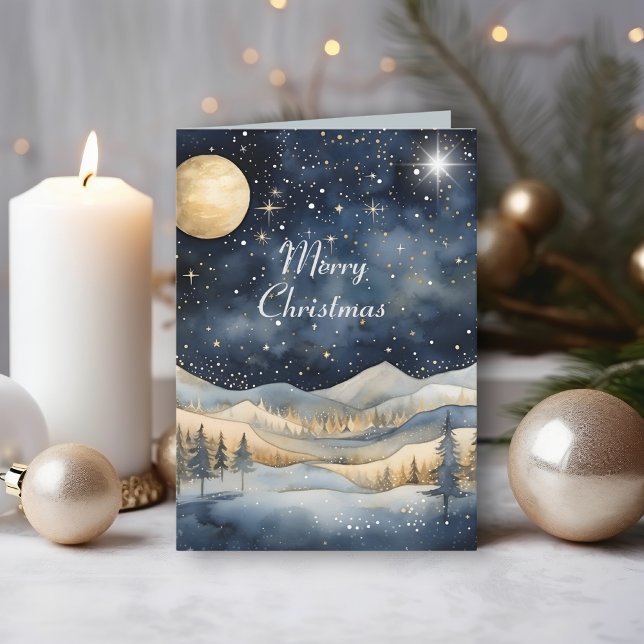 Midnight Blue Sky Starry Mountain Family Christmas Card (Creator Uploaded)