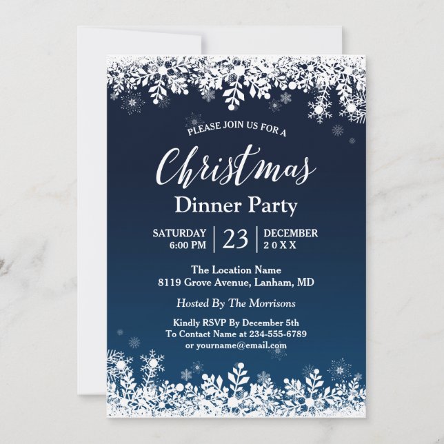 Midnight Blue Snowflakes White Christmas Party Invitation (Front)