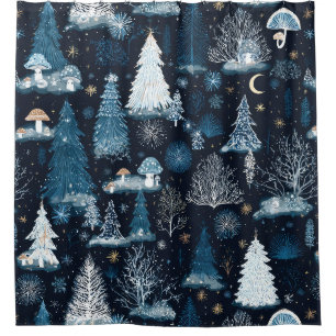 Midnight Blue Snowy Forest Whimsical Winter Shower Curtain