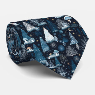 Midnight Blue Snowy Forest Whimsical Winter Tie