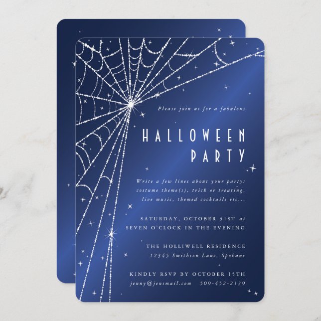 Midnight Blue Sparkling Spider Web Halloween Party Invitation (Front/Back)