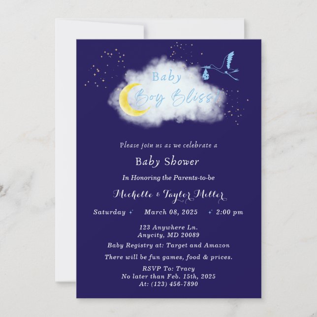 Midnight Blue Starlit Baby Boy Bliss Stork Invitation (Front)