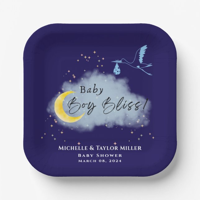 Midnight Blue Starlit Baby Boy Bliss Stork  Paper Plate (Front)