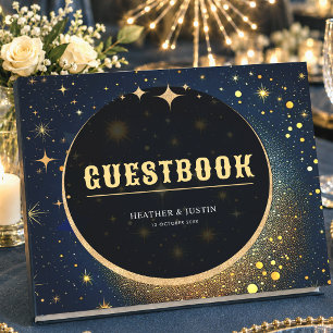 Midnight Blue Stars Moon celestial Halo wedding Guest Book