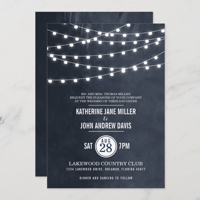 Midnight Blue String Lights Wedding Invitation (Front/Back)