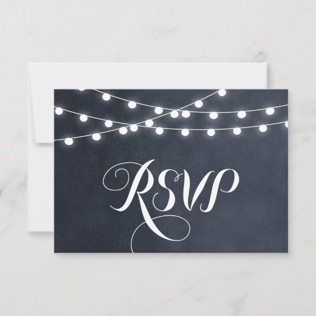 Midnight Blue String Lights Wedding RSVP Card (Front)