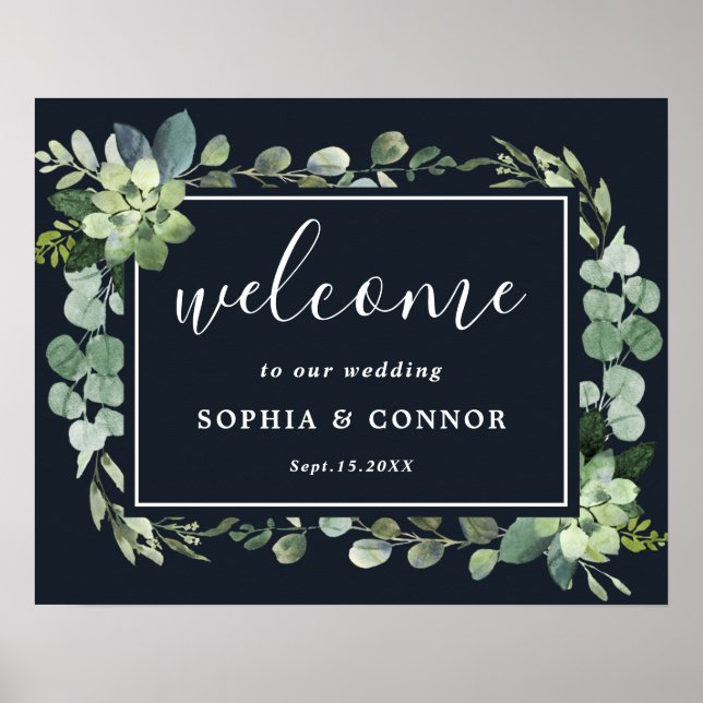 Midnight Blue Succulent Wedding Welcome Sign (Front)