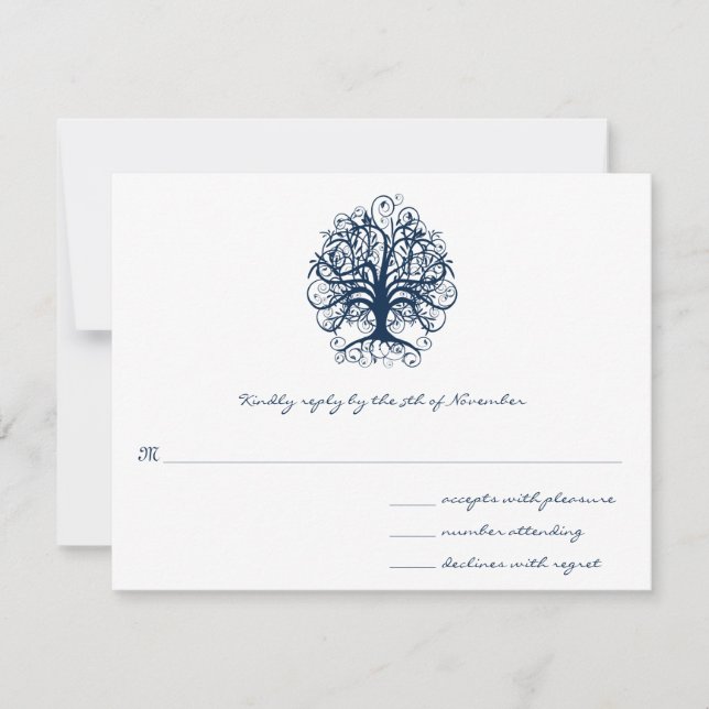 Midnight Blue Swirl Tree  Wedding  Response Card (Front)