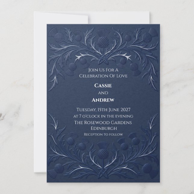Midnight Blue Thistle Wedding Invitation (Front)