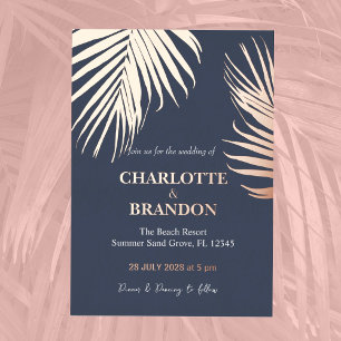 Midnight Blue Tropical Palm Leaf Wedding Gold 