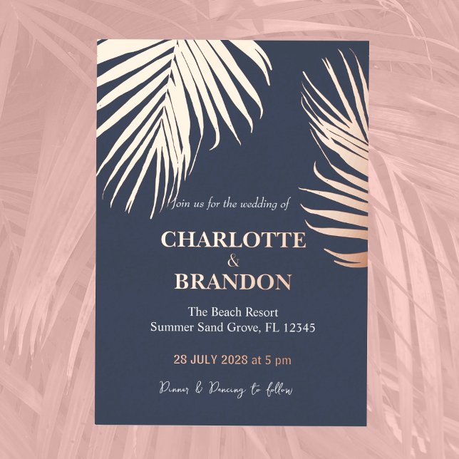 Midnight Blue Tropical Palm Leaf Wedding Gold  (Creator Uploaded)