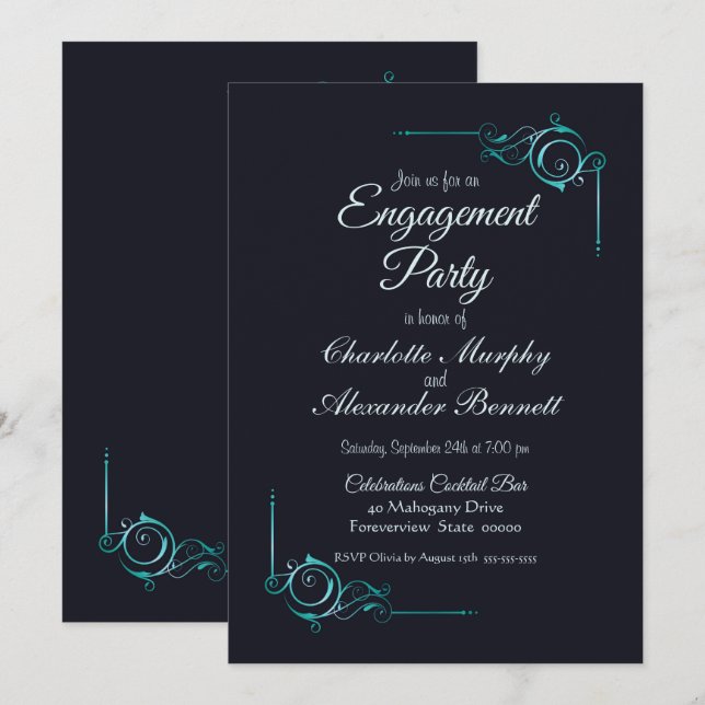Midnight Blue & Turquoise Engagement Party Invite (Front/Back)